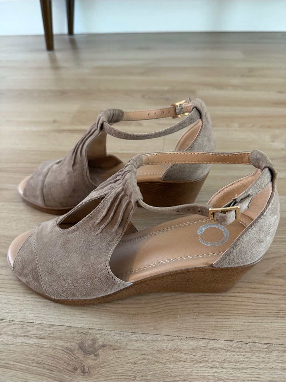 Suede Open-Toe T-Strap Heels in Taupe - Picture 3 of 4